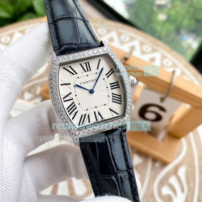 Replica Cartier Tortue Stainless Steel White Dial Diamond Bezel Watch 42MM